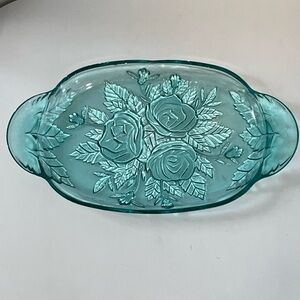 KIG Indonesia Turquoise Glass Platter Tray with Handles AS IS* Chippy Vintage